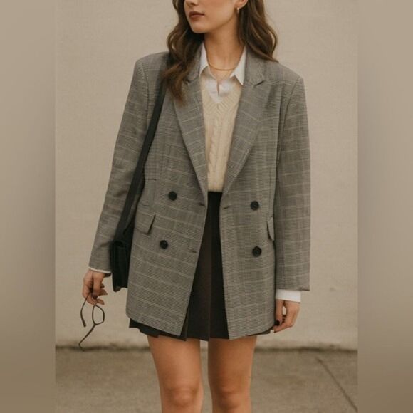 Rachel Zoe Womens Grey Long Oversized Stretchy Plaid Blazer sz L Career Academia - Picture 1 of 5